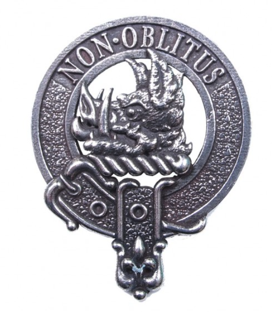 Close-up view of the MacTavish Clan Crest Badge in Pewter featuring a strong locking safety pin design.