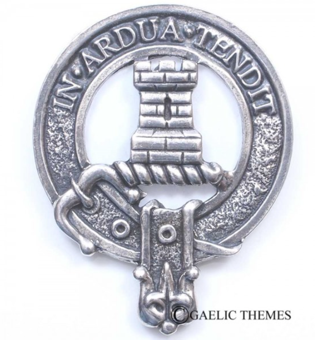 Malcolm Clan Crest Badge in Pewter, showcasing the traditional belted design suitable for cap or brooch use.