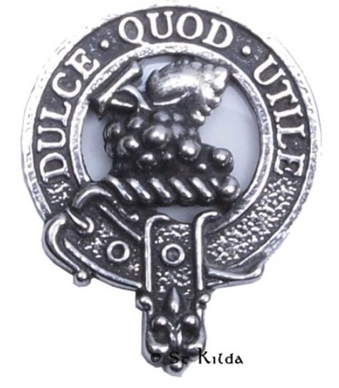 Strange Clan Crest Badge in Pewter showcasing traditional design, perfect for cap or brooch wear, featuring a belted clan crest indicative of clan membership.