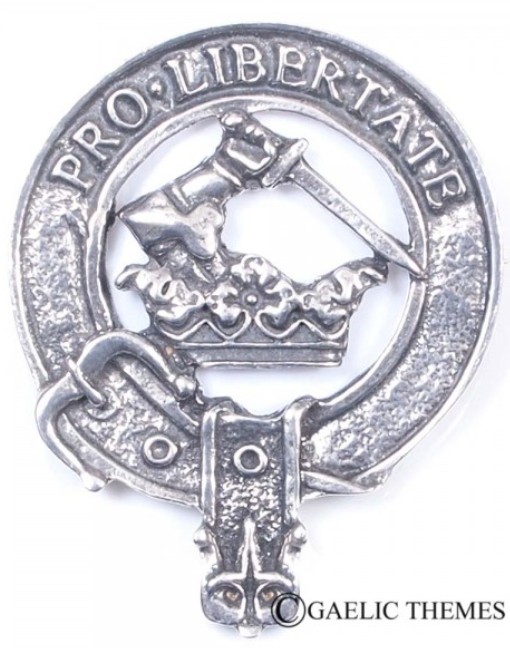 Wallace Clan Crest Badge in Pewter showcasing the traditional belted design perfect for everyday wear or clan gatherings.