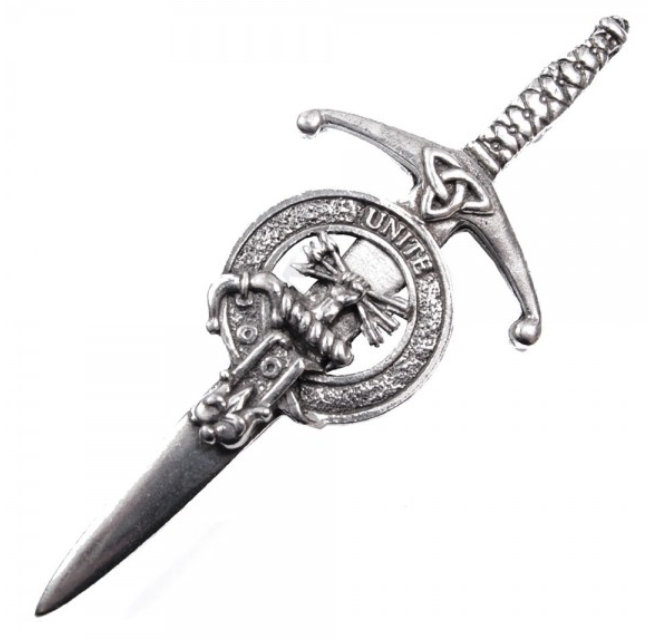 Clan Crest Pewter Kilt Pin with Brodie Crest, showcasing an antique palladium finish and traditional Scottish design, perfect for adding a distinctive touch to any kilt.