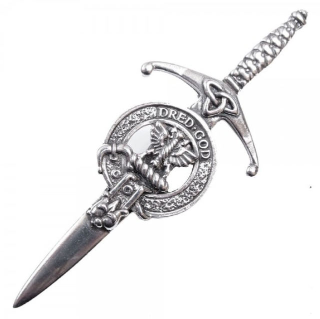 Clan Crest Pewter Kilt Pin featuring Carnegie Crest with antique palladium finish, handcrafted in Scotland, perfect for showcasing Scottish heritage.