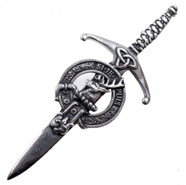 Clan Crest Pewter Kilt Pin with Colquhoun Crest featuring an antique palladium finish, crafted in Scotland from high-quality pewter, perfect for showcasing Scottish heritage.
