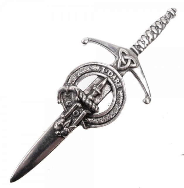 Clan Crest Pewter Kilt Pin with Dalziel Crest showcasing an antique palladium finish, perfect for traditional Scottish attire.