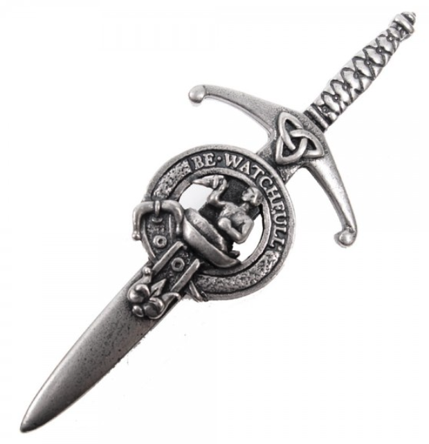 Clan Crest Pewter Kilt Pin with Darroch Crest, showcasing a traditional broadsword style, perfect for Scottish heritage enthusiasts.