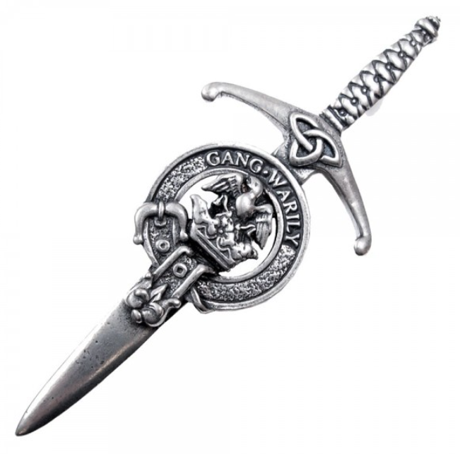 Clan Crest Pewter Kilt Pin with Drummond Crest - beautifully crafted with an antique palladium finish, perfect for adding a touch of Scottish heritage to your attire.