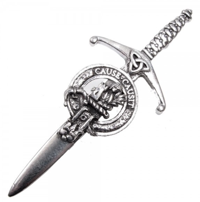 Clan Crest Pewter Kilt Pin featuring the Elphinstone Crest, beautifully crafted with an antique palladium finish, perfect for showcasing Scottish heritage.