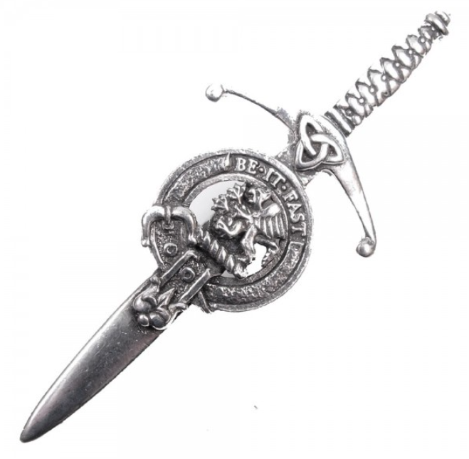 Clan Crest Pewter Kilt Pin with Fotheringham Crest, featuring a broadsword design and antique palladium finish, handcrafted in Scotland using traditional pewter.