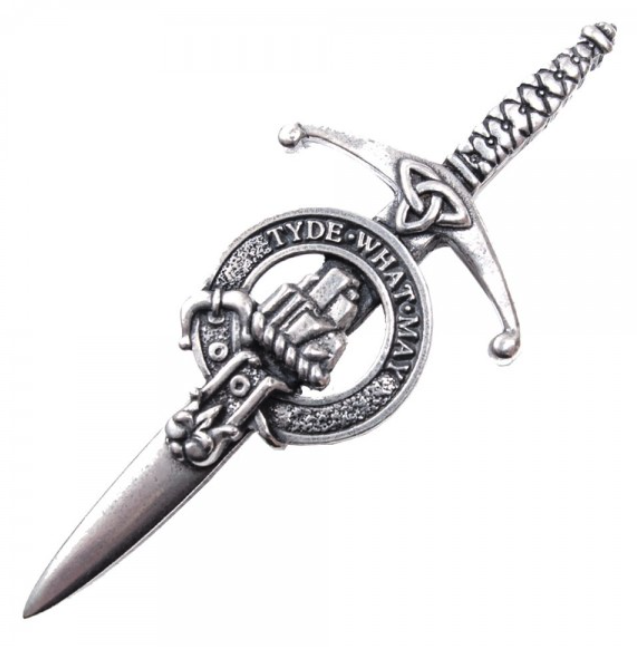 Clan Crest Pewter Kilt Pin with Haig Crest featuring a broadsword design, antique palladium finish, perfect for adding a traditional Scottish touch to your outfit.