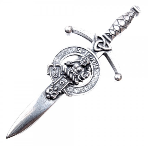 Clan Crest Pewter Kilt Pin with Livingston Crest, featuring a traditional broadsword design in antique palladium finish, handcrafted in Scotland.