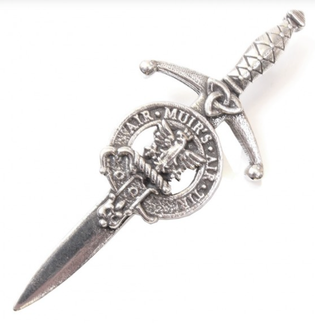 Clan Crest Pewter Kilt Pin featuring the MacDonald of Keppoch Crest, beautifully crafted in Scotland with an antique palladium finish.