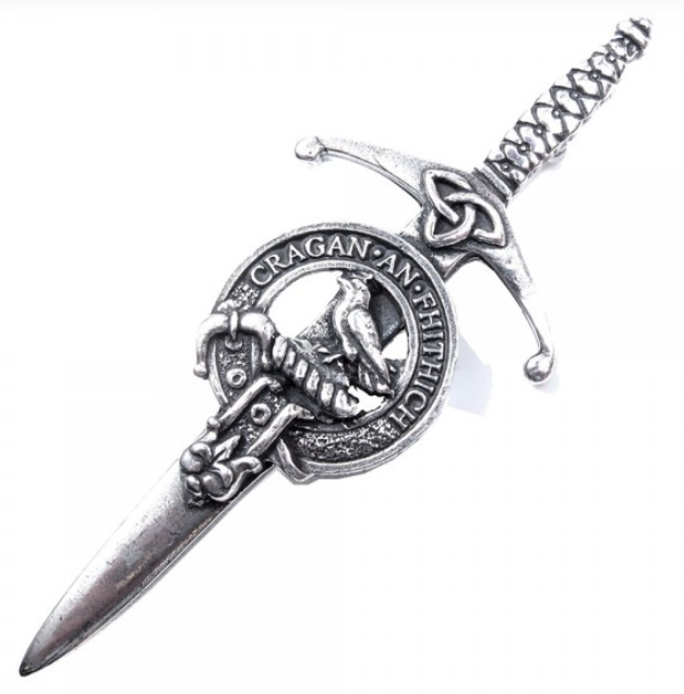 Stylish Clan Crest Pewter Kilt Pin with MacDonald of Glengarry crest, crafted in Scotland with fine pewter, perfect for kilt enthusiasts.