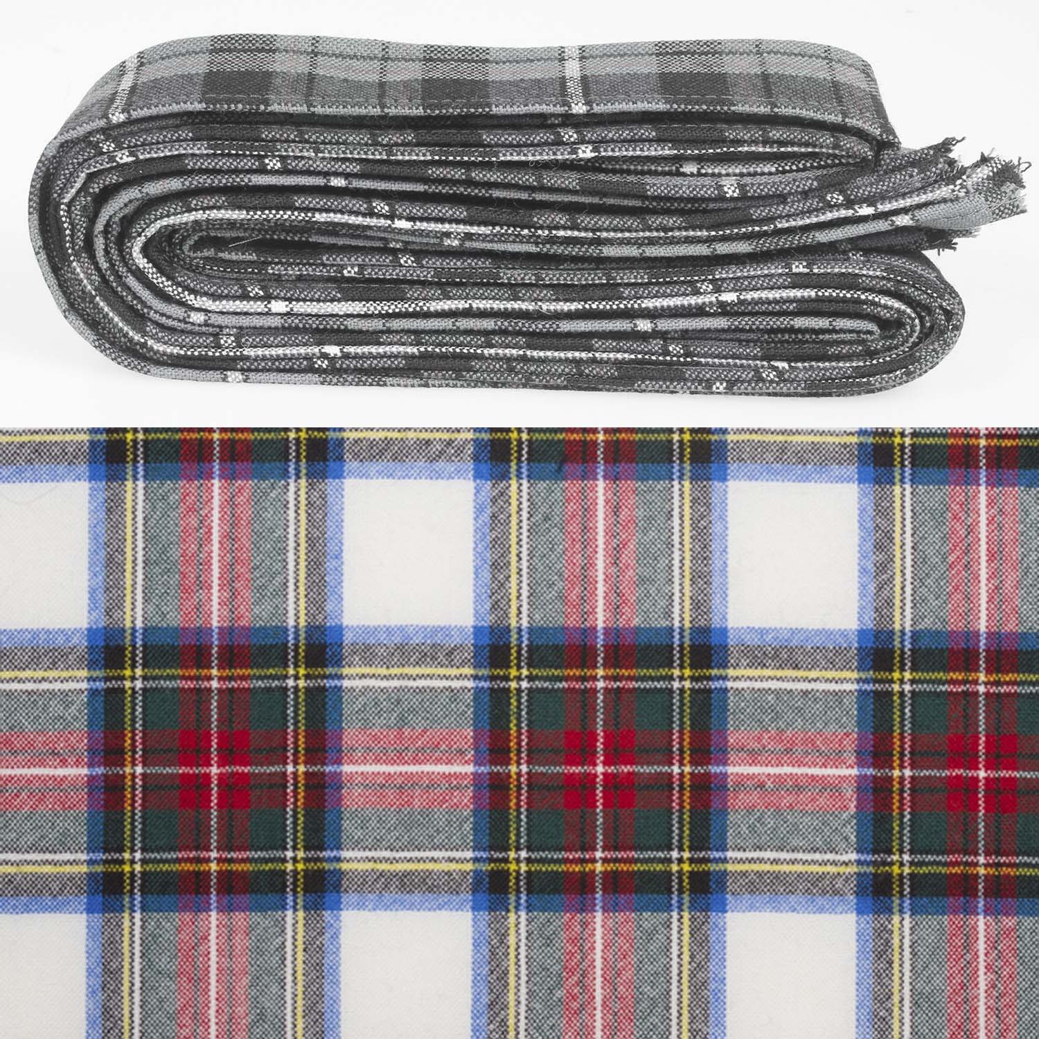 Wool Strip Ribbon in Stewart Dress Modern Tartan displayed with different widths and patterns, ideal for adding elegance to weddings and special occasions.
