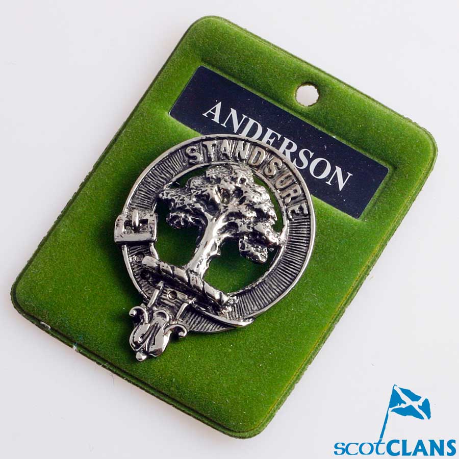 Anderson Clan Crest Badge in Pewter, a detailed handcrafted accessory showcasing clan pride, perfect for wearing as a cap badge or brooch pin.
