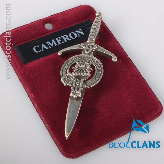 Clan Crest Pewter Kilt Pin with Cameron Crest, showcasing a beautiful broadsword design in antique palladium finish, perfect for Scottish heritage and kilt styling.