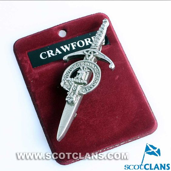 Clan Crest Pewter Kilt Pin featuring the Crawford Crest, beautifully crafted in Scotland with an antique palladium finish, perfect for any Scottish attire.