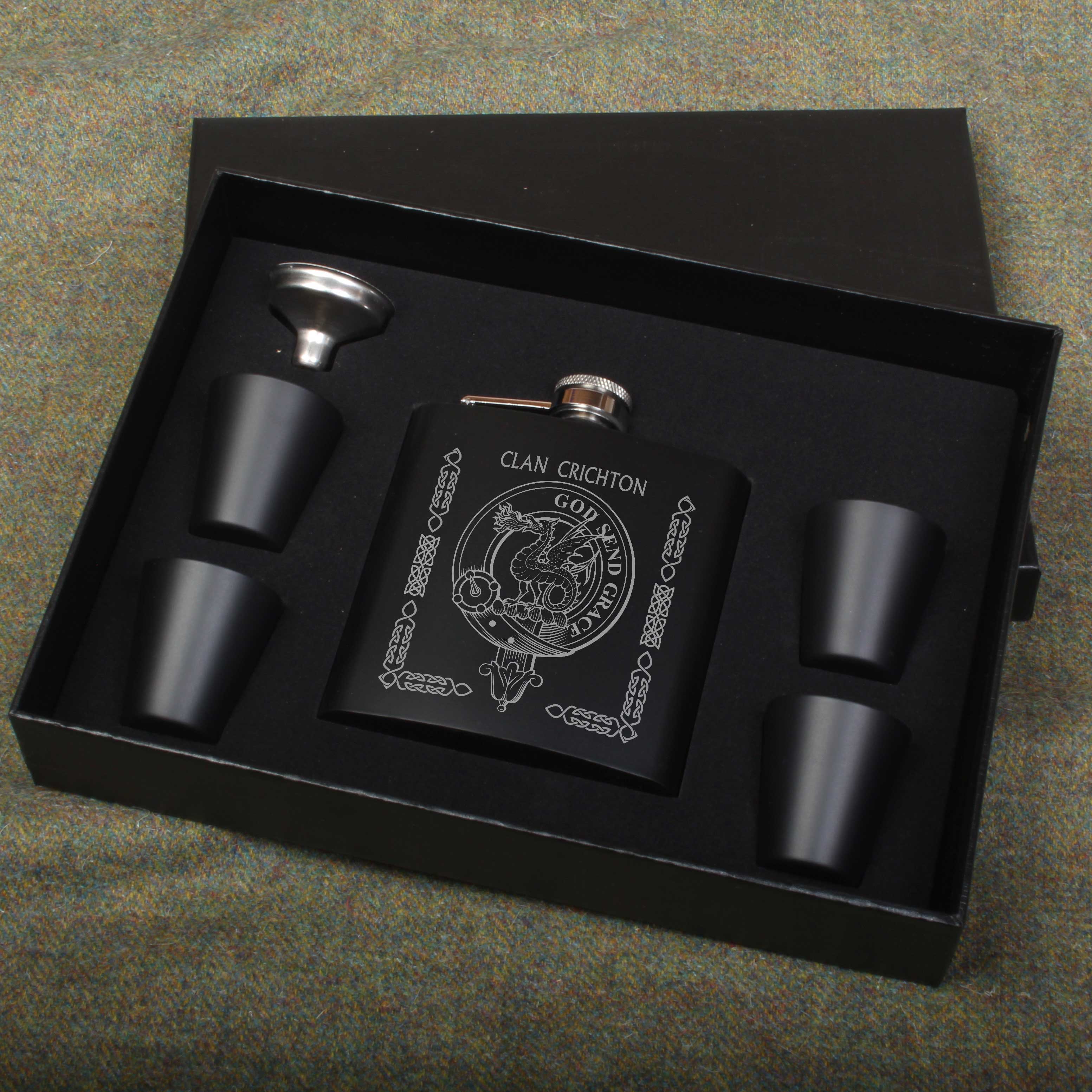 Crichton Clan Crest Engraved 6oz Matt Black Hip Flask Gift Set with Cups and Funnel
