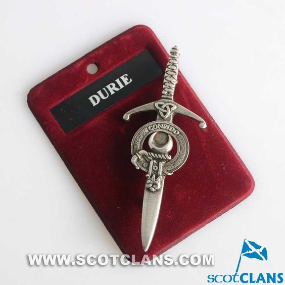 Clan Crest Pewter Kilt Pin with Durie Crest, beautifully crafted pewter broadsword style kilt pin featuring an antique palladium finish, perfect for showcasing your Scottish heritage.