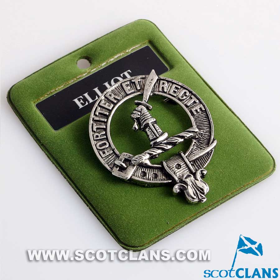Elliot Clan Crest Badge in Pewter showcasing intricate design and high-quality craftsmanship, perfect for clan members.