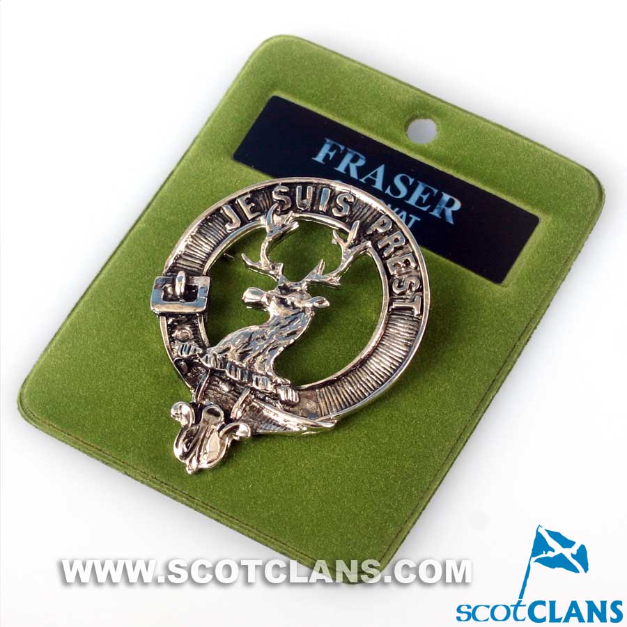 Fraser of Lovat Clan Crest Badge in Pewter, showcasing its intricate design and quality craftsmanship, perfect for expressing clan pride.