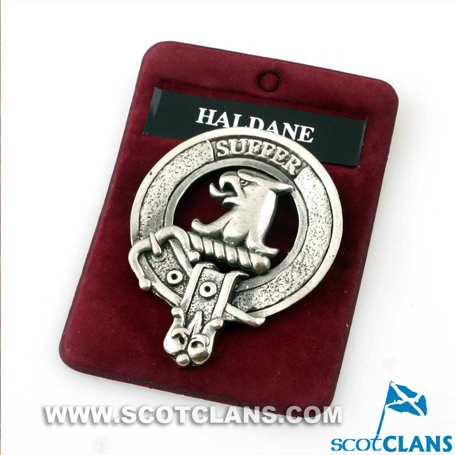Haldane Clan Crest Badge in Pewter, stylish clan badge for wear and gatherings, featuring traditional belted design.
