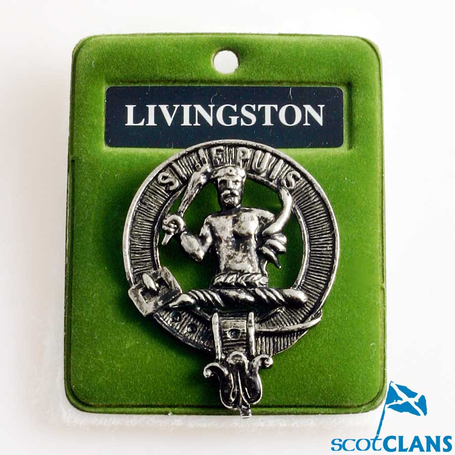 Livingston Clan Crest Badge in Pewter showcasing a detailed design, ideal for displaying clan pride and heritage.