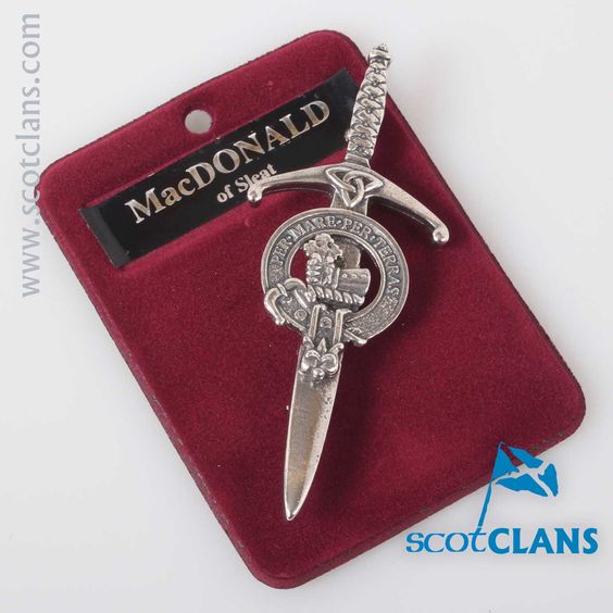 Clan Crest Pewter Kilt Pin with MacDonald of Sleat Crest displayed in an elegant setting, highlighting its traditional Scottish design.