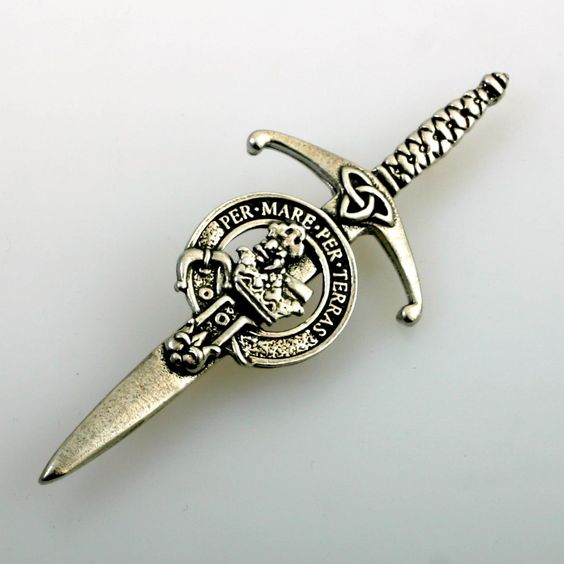 Clan Crest Pewter Kilt Pin featuring the MacDonald Crest, crafted from high-quality pewter with an antique palladium finish, perfect for showcasing Scottish heritage.