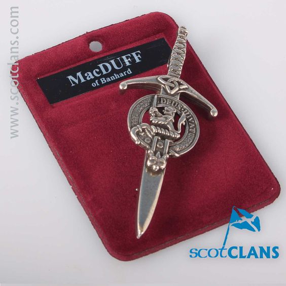 Clan Crest Pewter Kilt Pin featuring the MacDuff Crest, crafted in Scotland with antique palladium finish, perfect for showcasing Scottish heritage.