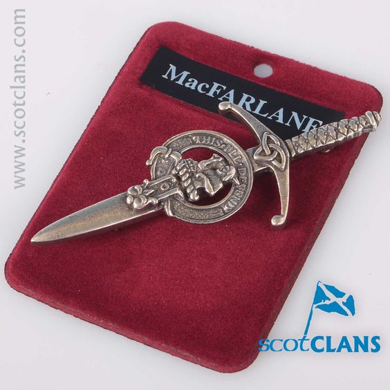 Clan Crest Pewter Kilt Pin featuring the MacFarlane Crest, crafted from fine pewter with an antique palladium finish, perfect for showcasing Scottish heritage.