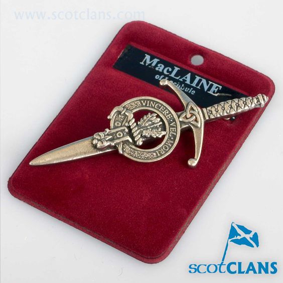 Clan Crest Pewter Kilt Pin featuring the MacLaine Crest, beautifully crafted in Scotland with an antique palladium finish.