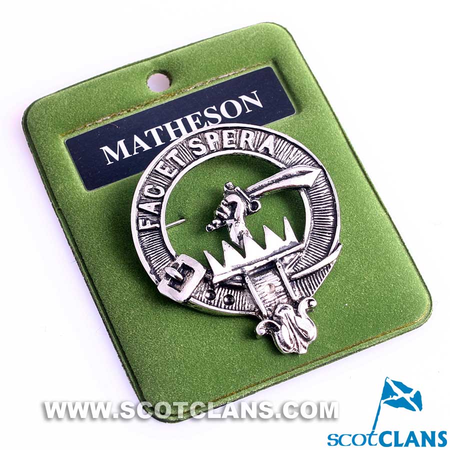 Matheson Clan Crest Badge in Pewter featuring a traditional design, perfect for displaying clan pride. This stylish badge is made of palladium coated pewter and measures 40mm (1.75"), ideal for wearing as a cap badge or brooch.