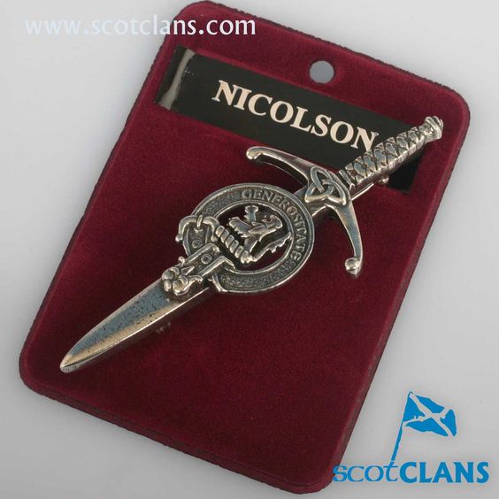Clan Crest Pewter Kilt Pin with Nicolson Crest, featuring an antique palladium finish, handcrafted in Scotland from high-quality pewter.
