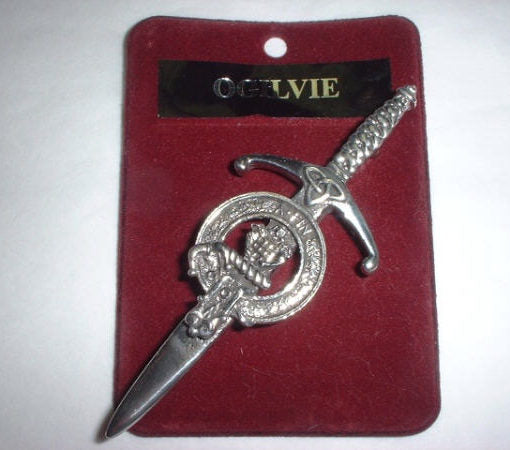 Clan Crest Pewter Kilt Pin featuring the Ogilvie Crest, handcrafted in Scotland with an antique palladium finish, perfect for showcasing your Scottish heritage.