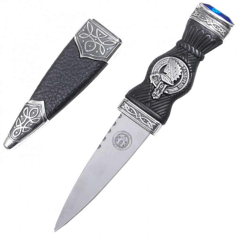 Clan Crest Sgain Dubh with coloured stone, showcasing intricate metalwork and customizable Scottish clan crest, made in Scotland.