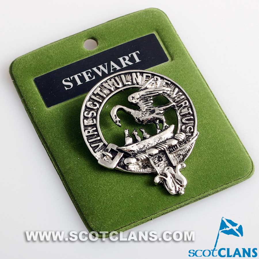Stewart Clan Crest Badge in Pewter showcasing Scottish heritage pride, handcrafted and palladium coated, perfect for a cap badge or brooch pin.