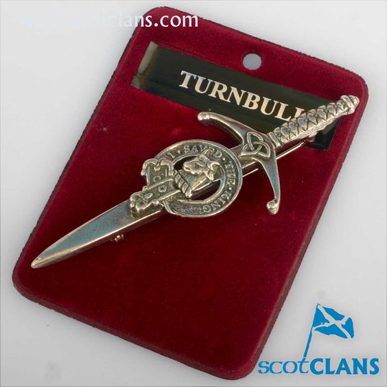Clan Crest Pewter Kilt Pin featuring the Turnbull Crest, crafted in antique palladium finish, perfect for Scottish heritage and traditional attire.