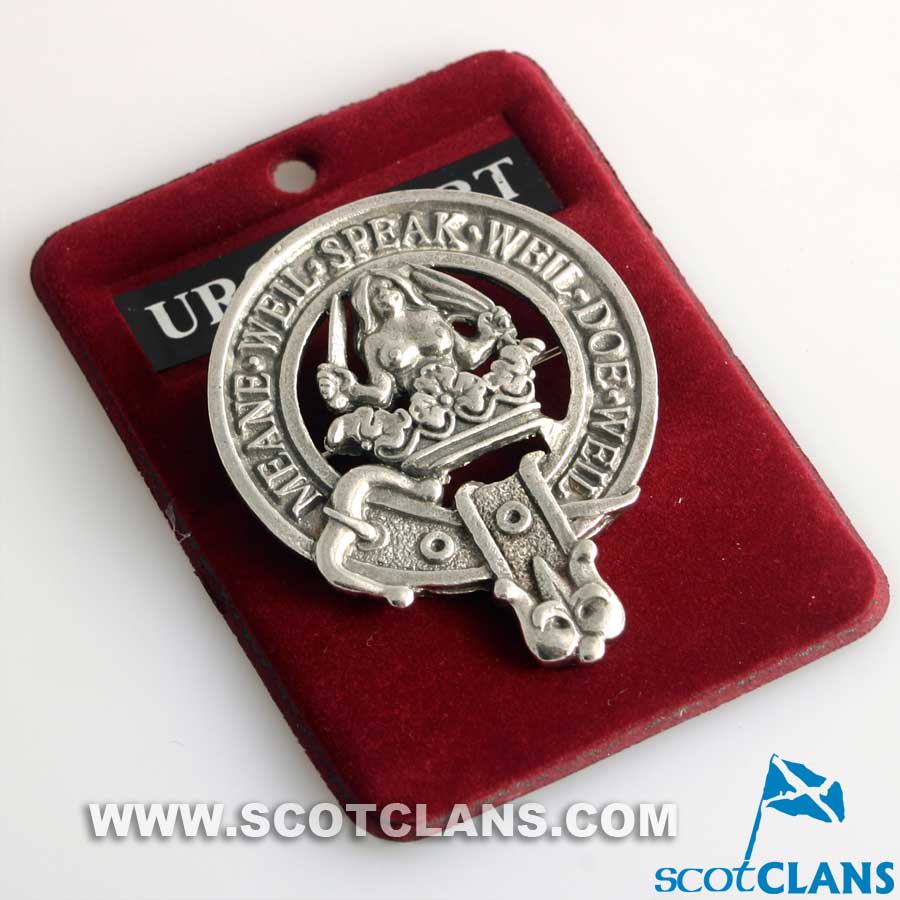 Urquhart Clan Crest Badge in Pewter, showcasing a detailed design with a traditional belted clansman belt, ideal for wear as a cap badge or brooch pin.
