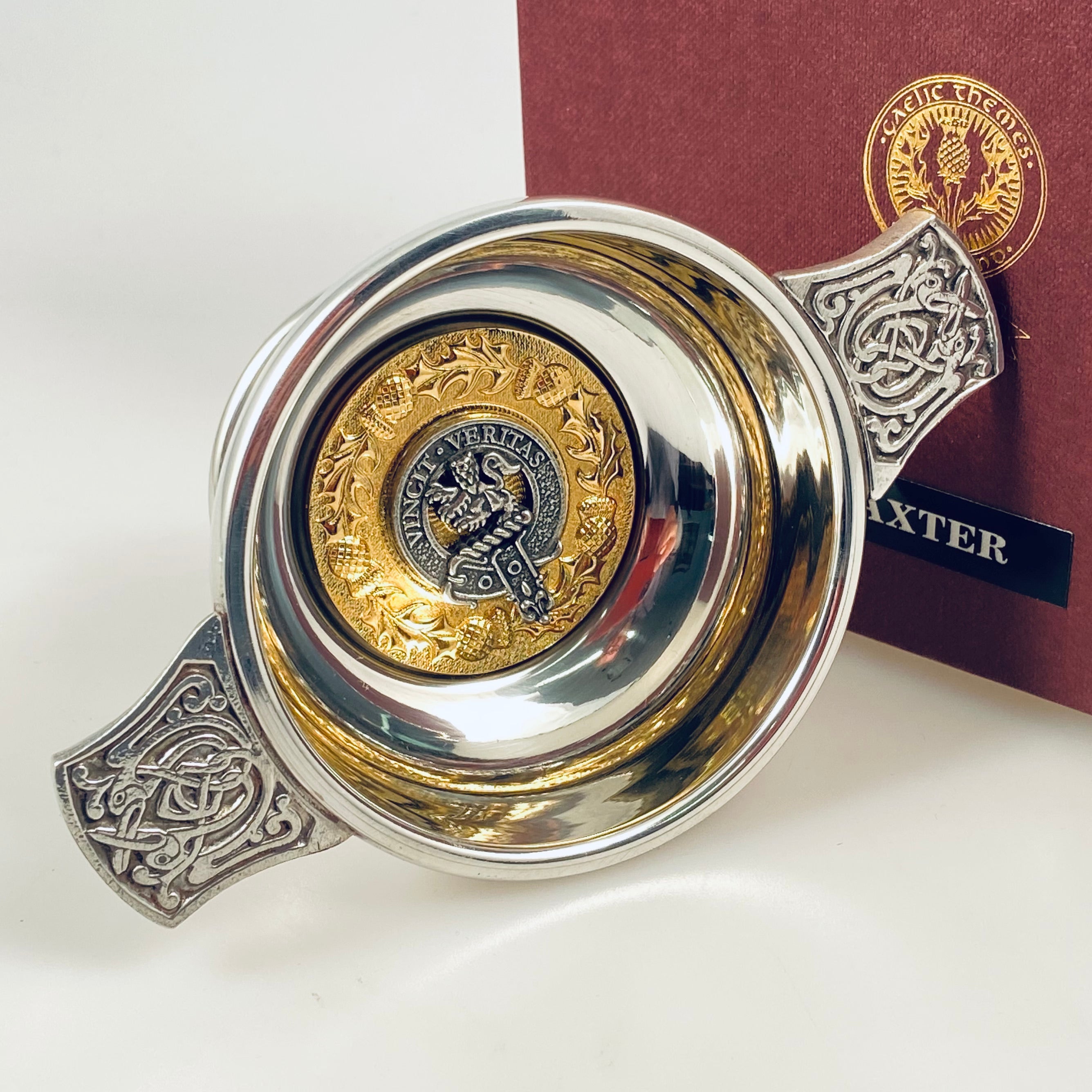 Baxter Clan Crest Quaich with Gold Trim