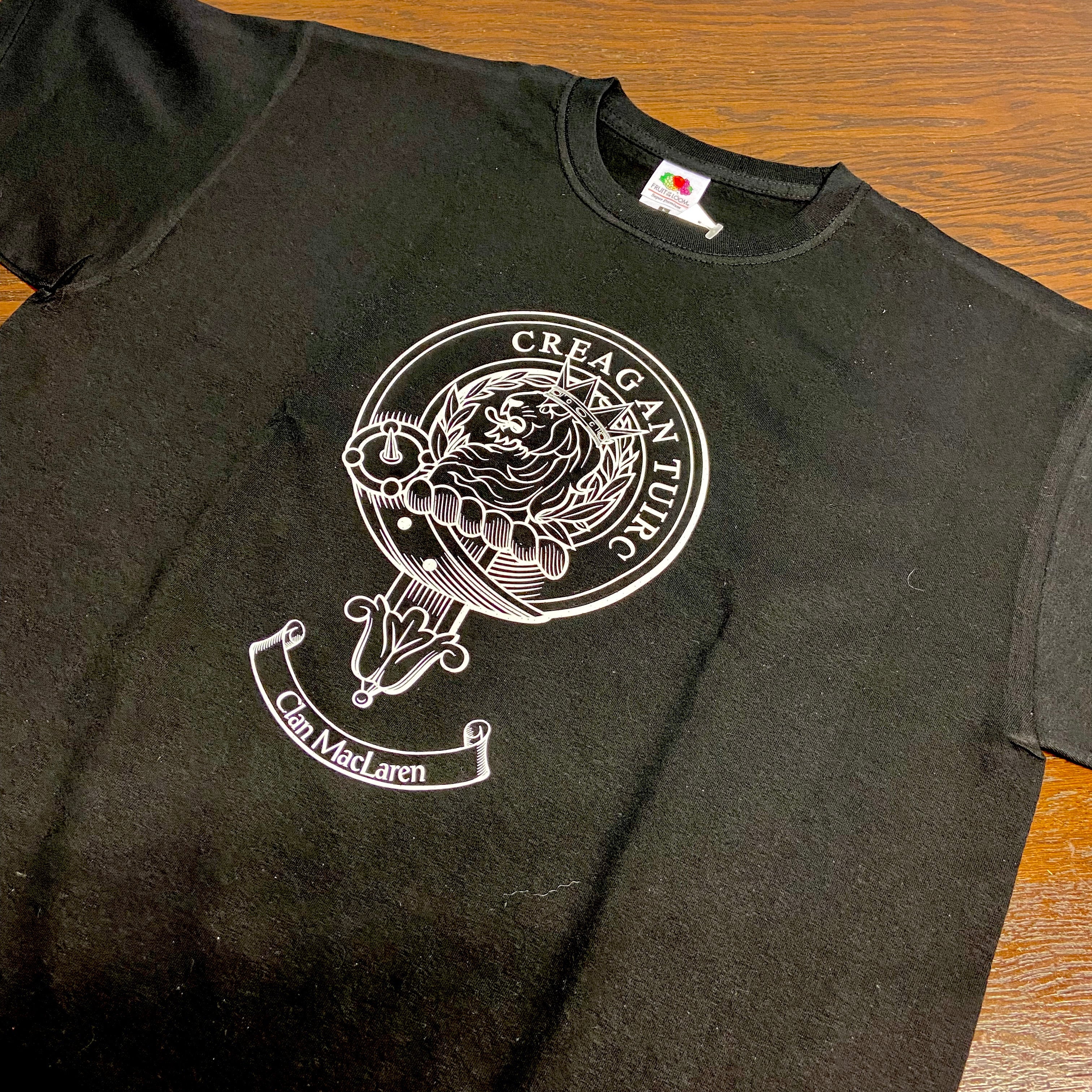 MacLaren Outline Style Clan Crest Black T Shirt - Size Large to Clear