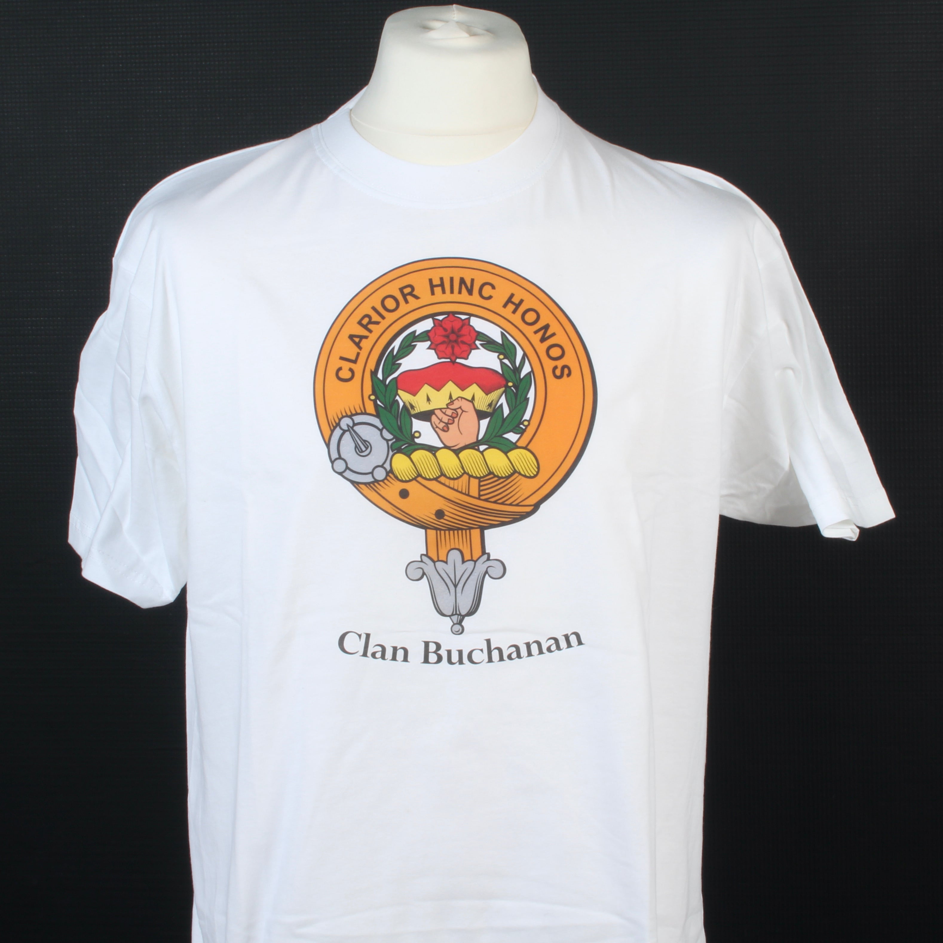 Buchanan Clan Crest White T Shirt - Size Large to Clear