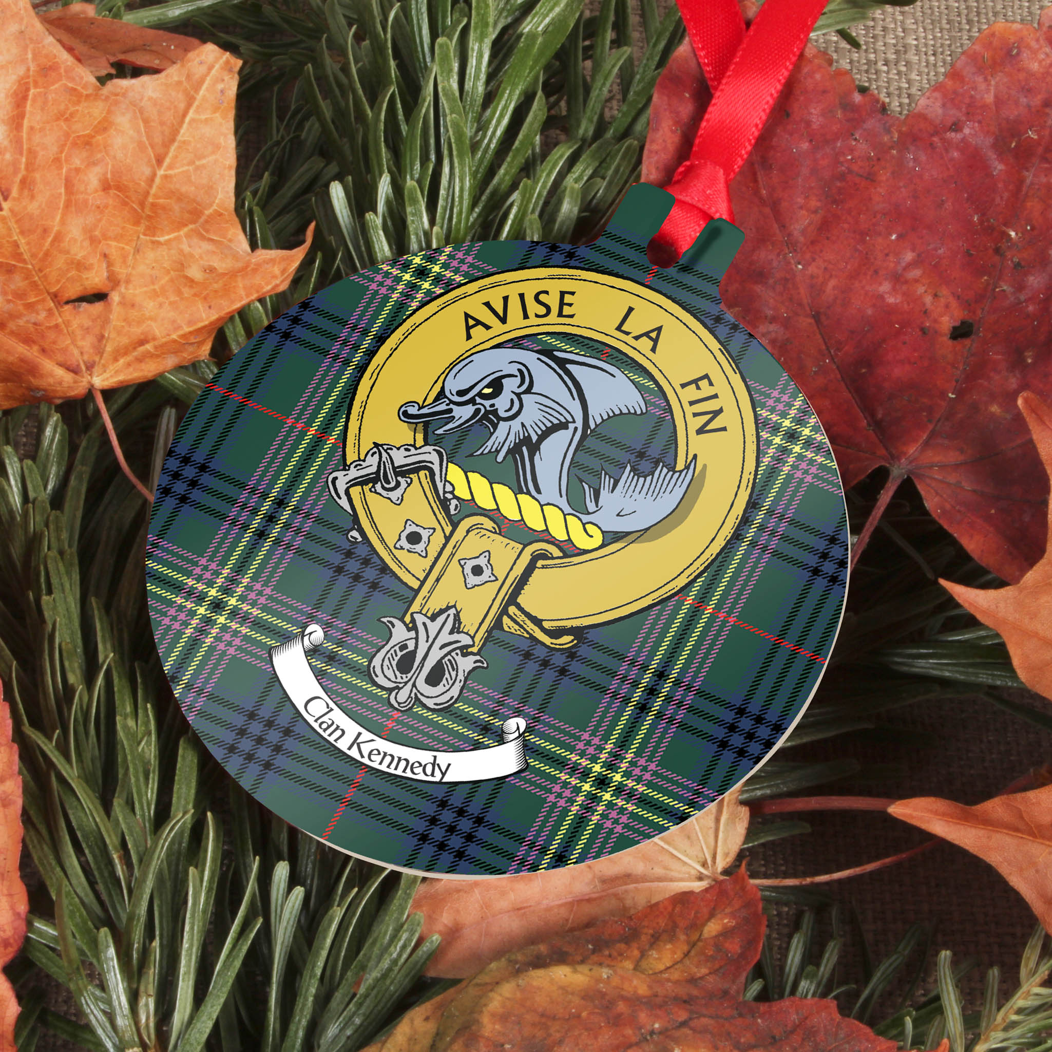 Kennedy Clan Crest and Tartan Metal Christmas Ornament - 6 Styles Available