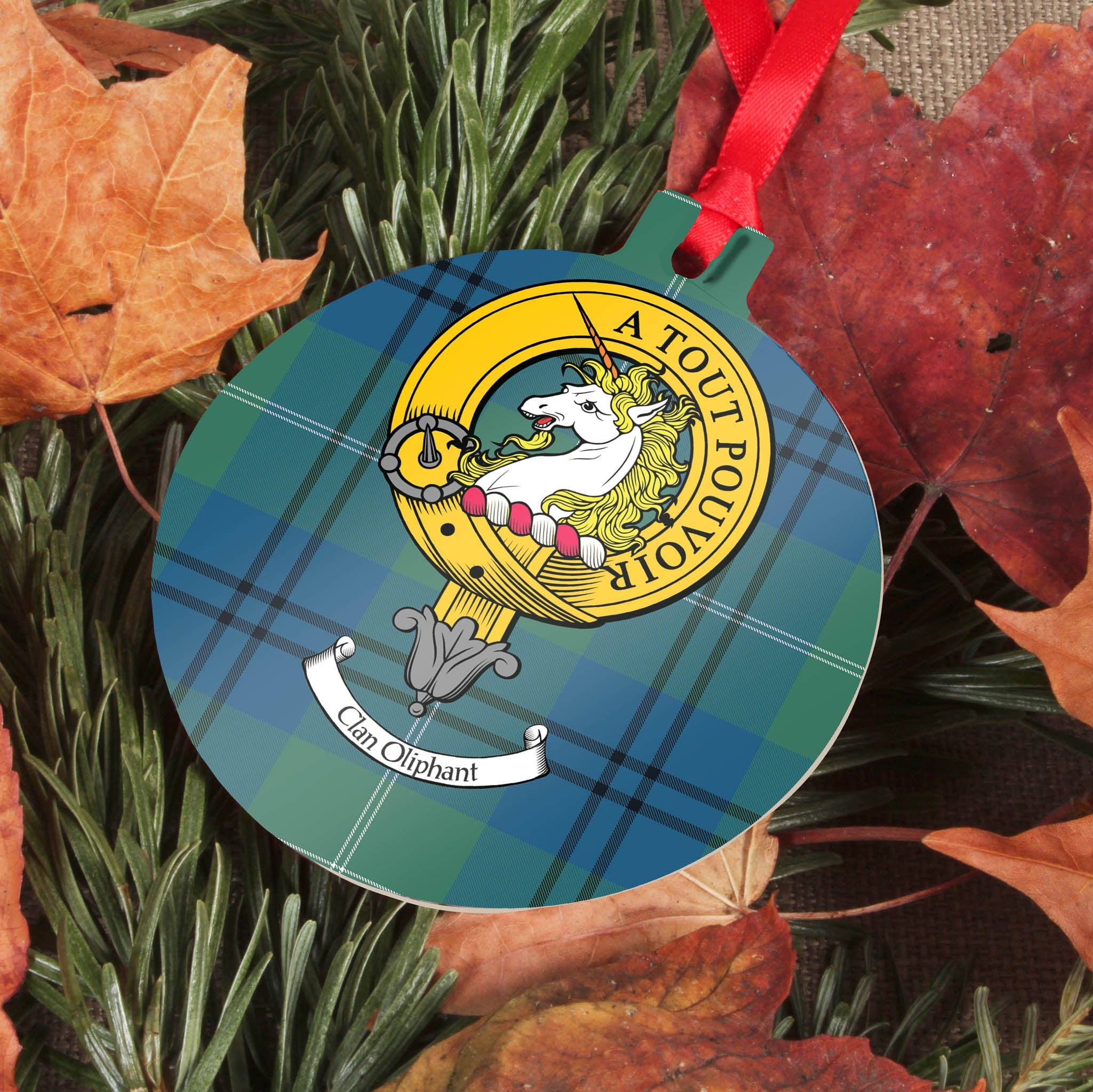 Oliphant Clan Crest and Tartan Metal Christmas Ornament - 6 Styles Available
