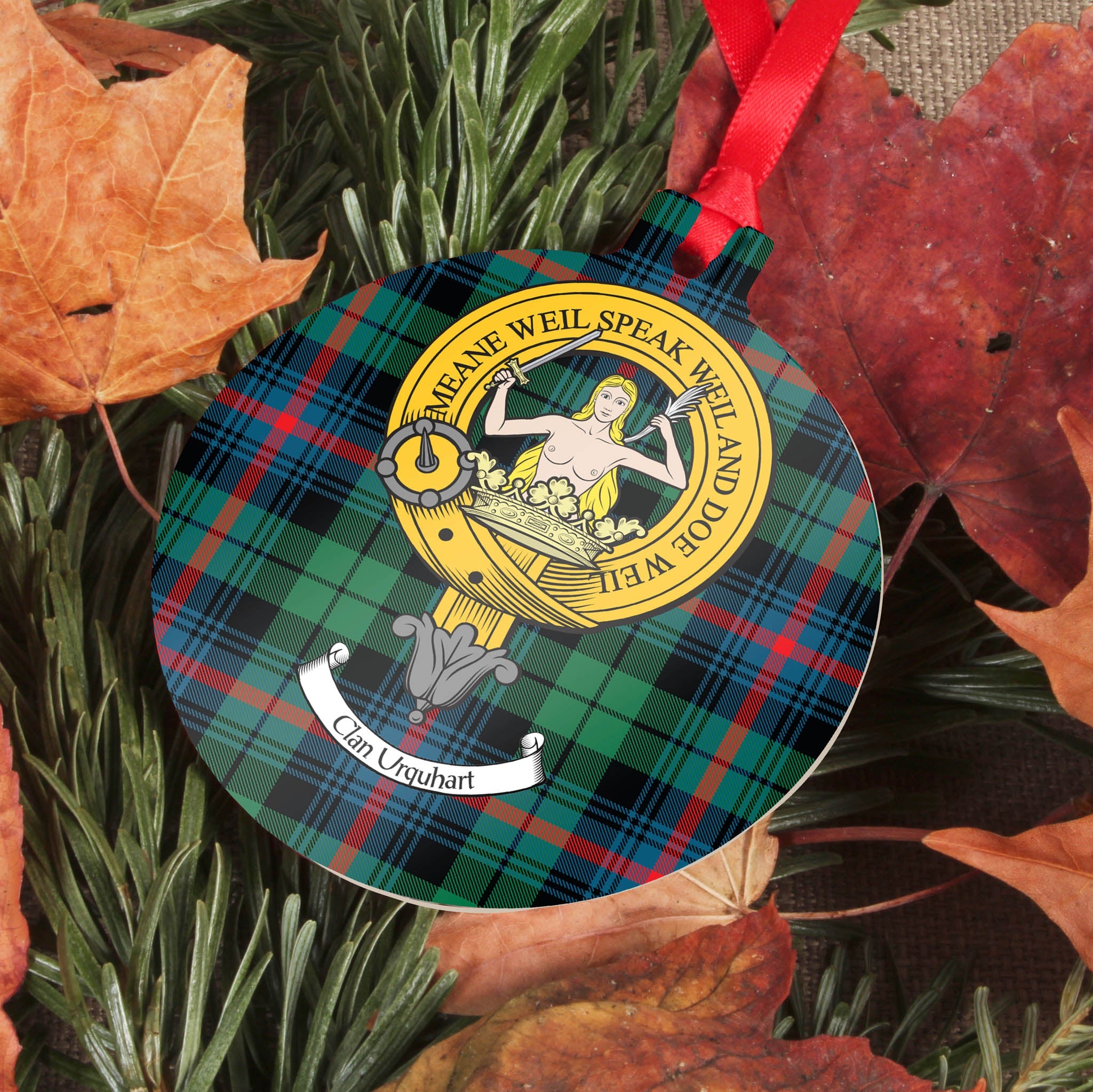 Urquhart Clan Crest and Tartan Metal Christmas Ornament - 6 Styles Available