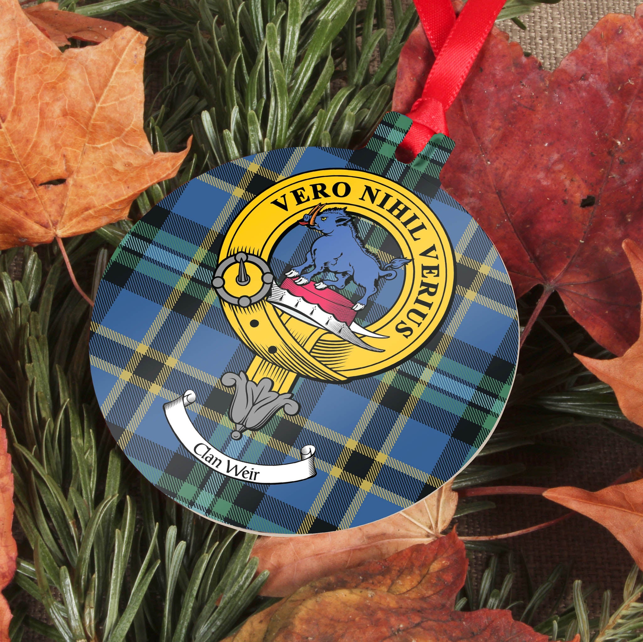 Weir Clan Crest and Tartan Metal Christmas Ornament - 6 Styles Available