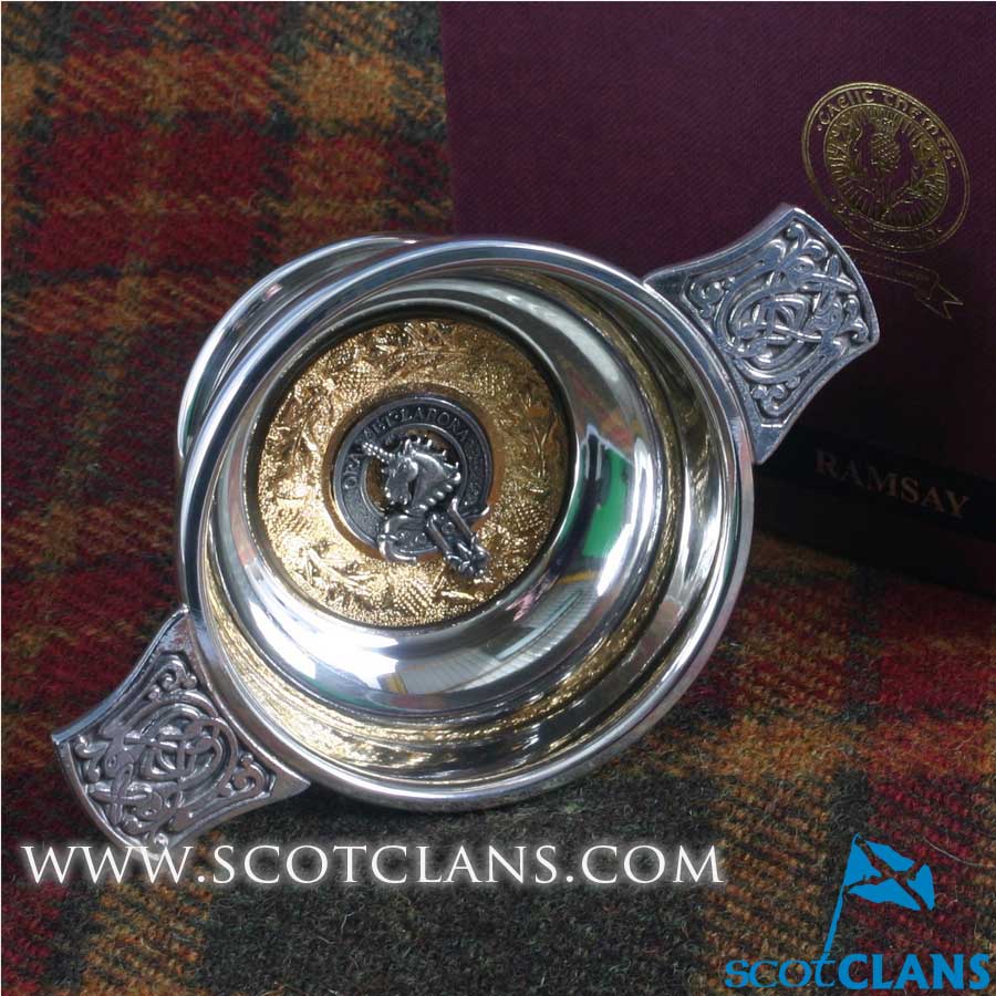 Ramsay Clan Crest Quaich with Gold Trim