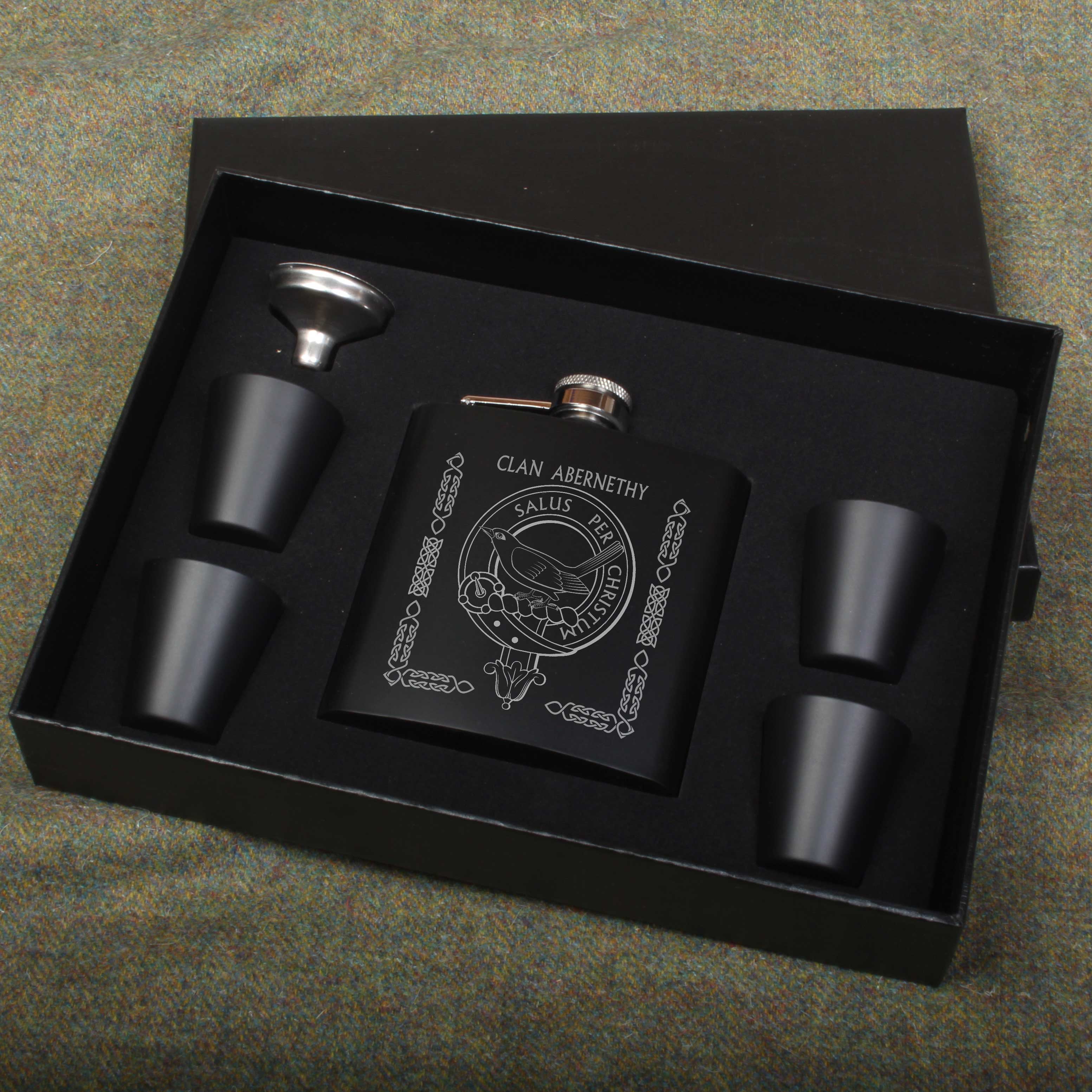 Abernethy Clan Crest engraved 6oz Matt Black Hip Flask Gift Set with Cups and Funnel