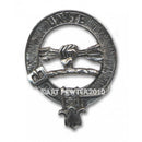 Brodie Clan Crest Badge in Pewter featuring a belted design suitable for cap use or as a large brooch pin, showcasing clan pride.