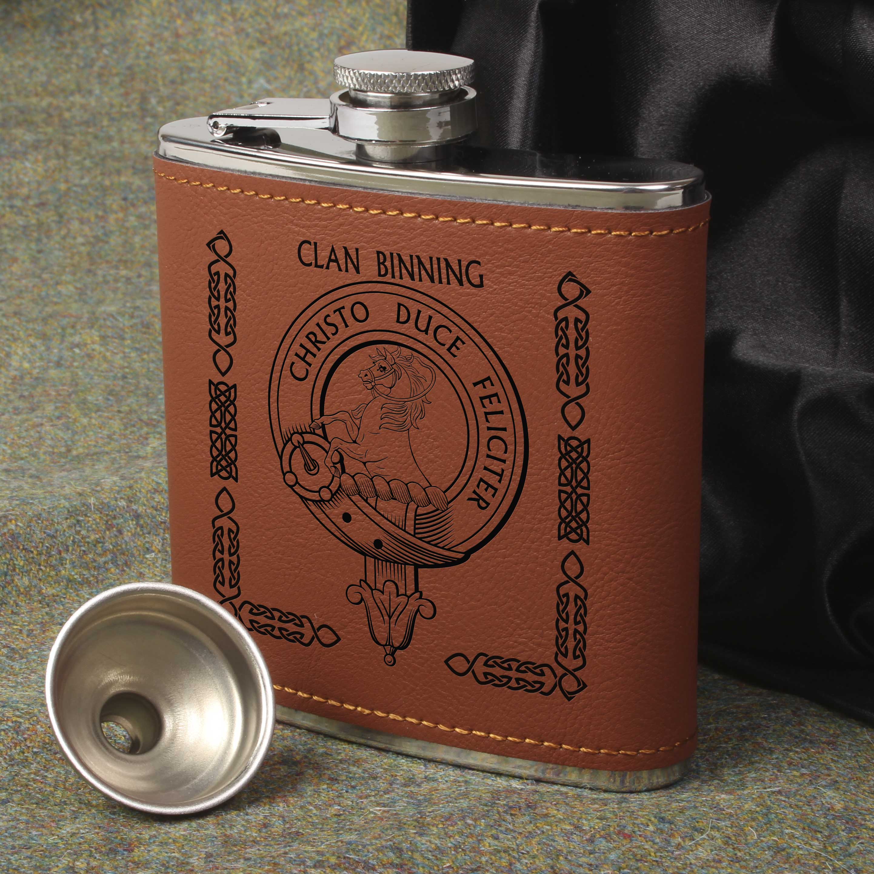 Binning Clan Crest PU Leather Covered Hip Flask