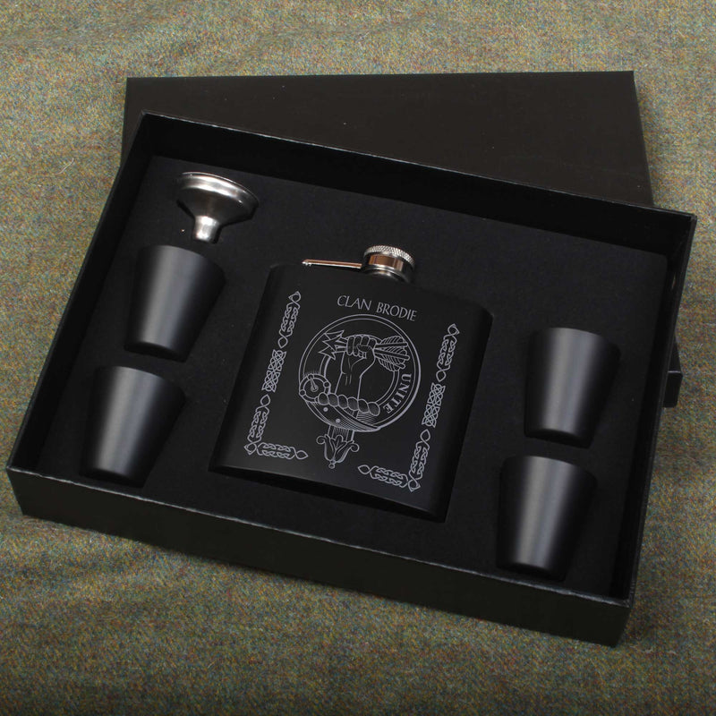 Brodie Clan Crest engraved 6oz Matt Black Hip Flask Gift Set with Cups and Funnel